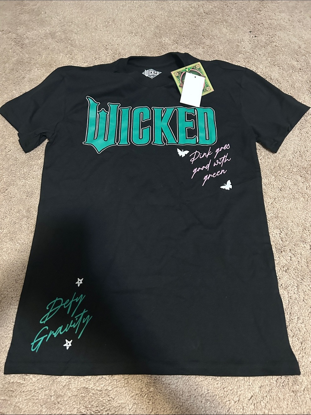 Universal Black 'Wicked' Graphic Tee with Teal and Pink Accents
